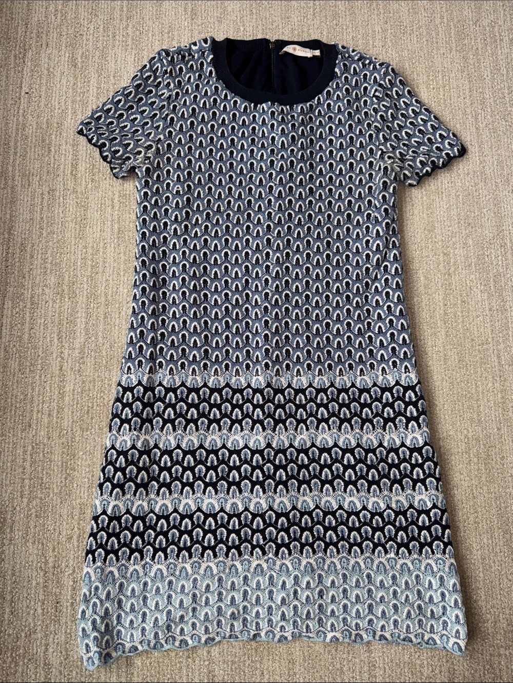 Tory Burch Beverly Dress Women XS Blue Feather Crochet Cotton Lined Mini